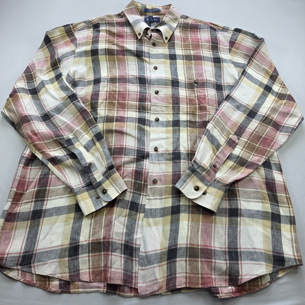 Paul Fredrick Shirt Men XL Plaid Finest 100% Linen Button Up L/S Pocket Casual